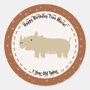 Sticker Rond Joyeux anniversaire Rhinoceros Rhino Zoo Animaux