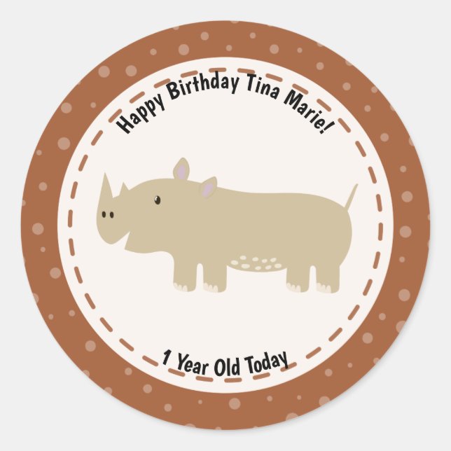 Sticker Rond Joyeux anniversaire Rhinoceros Rhino Zoo Animaux (Devant)