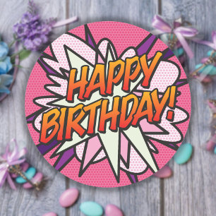 Sticker Rond Joyeux anniversaire rose amusant moderne