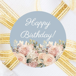 Sticker Rond Joyeux Anniversaire rose bleu poussiéreux rose ivo