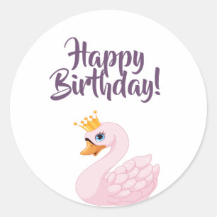 Sticker Rond Joyeux Anniversaire rose cygne princesse sur blanc