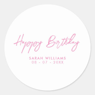 Sticker Rond Joyeux Anniversaire rose et blanc Script moderne