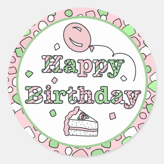 Sticker Rond Joyeux anniversaire rose et vert (Devant)