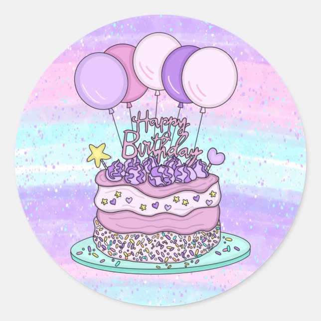 Sticker Rond Joyeux anniversaire rose et violet (Devant)