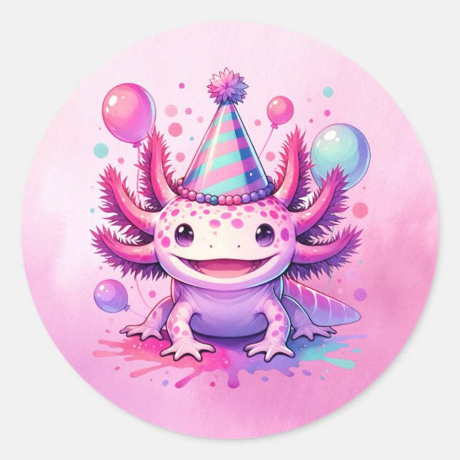 Sticker Rond Joyeux anniversaire rose et violet Axolotl (Devant)