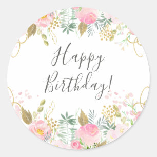 Sticker Rond Joyeux anniversaire rose floral