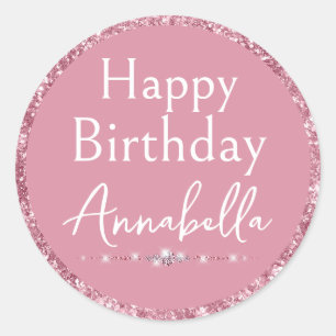 Sticker Rond Joyeux Anniversaire Rose Glamour Paillettes et Dia