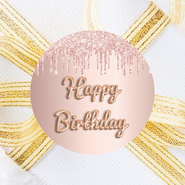 Sticker Rond Joyeux anniversaire rose gouttes de parties scinti (Créateur téléchargé)