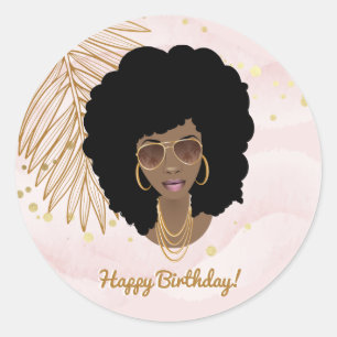 Sticker Rond Joyeux anniversaire, rose & or, Tropical, Femme no