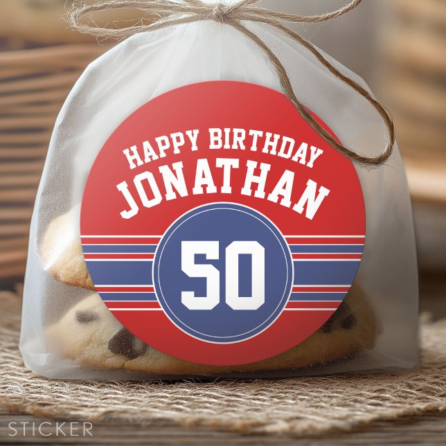 Sticker Rond Joyeux Anniversaire Sports avec l'âge - Rouge Bleu (Custom Sticker for Party Favors and Envelopes)