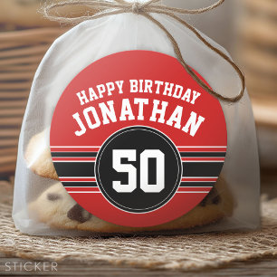 Sticker Rond Joyeux Anniversaire Sports avec l'âge - Rouge Noir