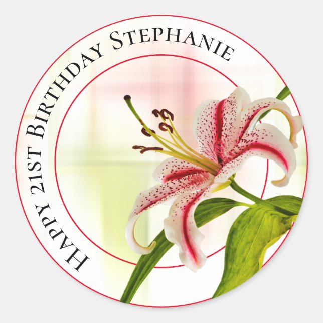 Sticker Rond Joyeux anniversaire Stargazer Lily photo florale (Devant)