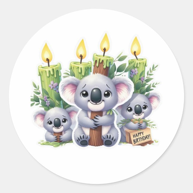 Sticker Rond Joyeux anniversaire, style Koala (Devant)