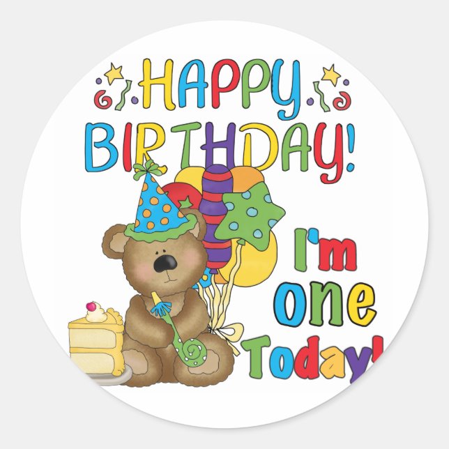Sticker Rond Joyeux anniversaire Teddy Bear 1er T-shirts et cad (Devant)