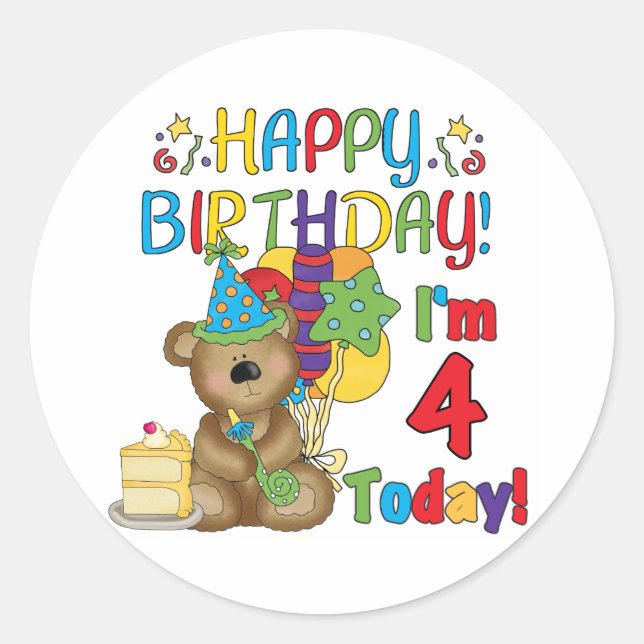Sticker Rond Joyeux anniversaire Teddy Bear 4th T-shirts et cad (Devant)
