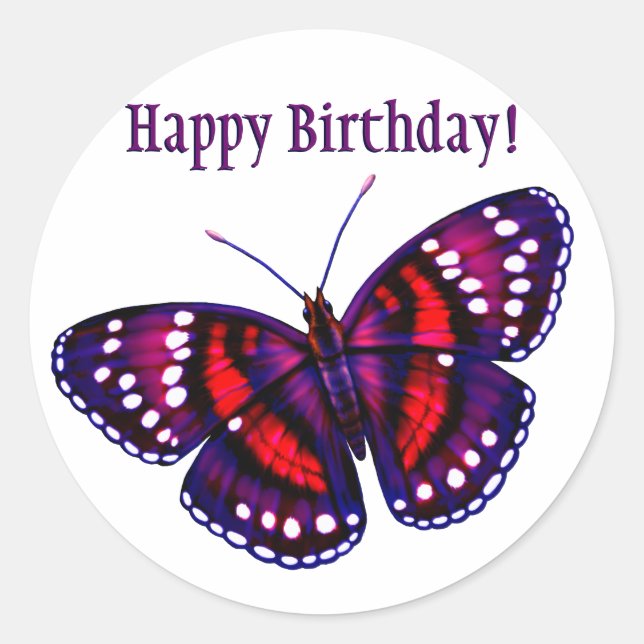 Sticker Rond Joyeux Anniversaire Tropical Purple Papillon (Devant)