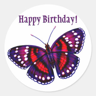 Sticker Rond Joyeux Anniversaire Tropical Purple Papillon