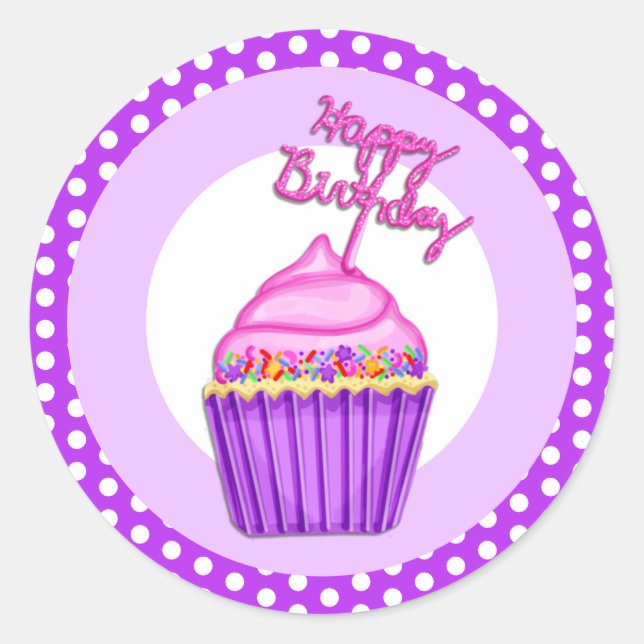 Sticker Rond Joyeux Anniversaire violet et rose Cupcake Aquarel (Devant)