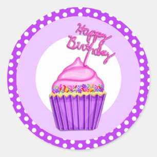 Sticker Rond Joyeux Anniversaire violet et rose Cupcake Aquarel
