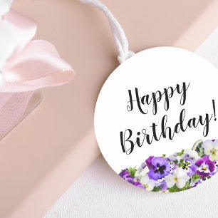Sticker Rond Joyeux Anniversaire violet pansies fleurs blanc