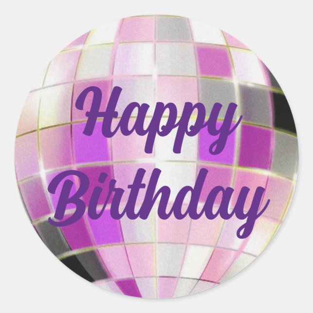 Sticker Rond joyeux anniversaire violet rose disco balle (Devant)
