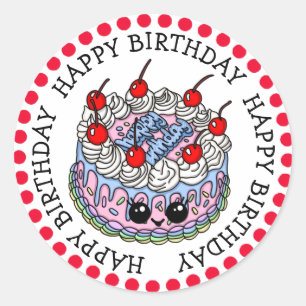 Sticker Rond Joyeux Anniversaire Whimsical Main dessiné Gâteau