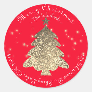Sticker Rond Joyeux Arbre de Noël RSVP Rose Gold Red Stars