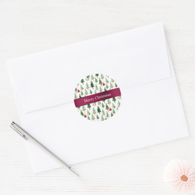 Sticker Rond Joyeux arbres de Noël rouges verts (Enveloppe)