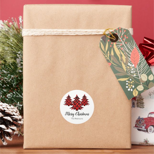 Sticker Rond Joyeux Arbres de Noël Rustique Rouge Plaid Personn (vacances)