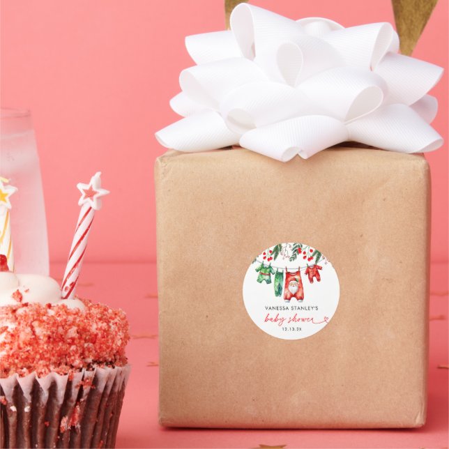 Sticker Rond Joyeux Baby shower de Noël Floral Père Noël (Fête)