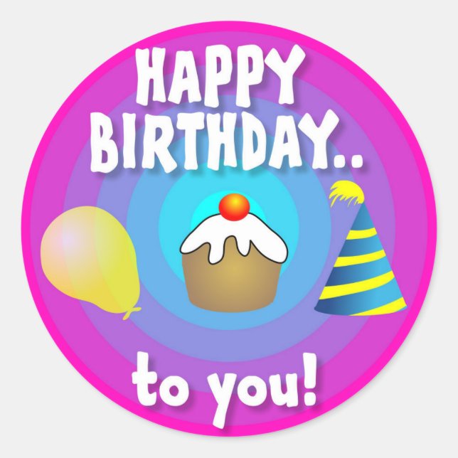 Sticker Rond Joyeux Ballons d'anniversaire, gâteau et Casquette (Devant)