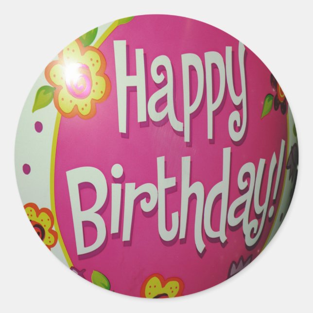 Sticker Rond Joyeux Balloon d'Anniversaire avec Fleurs, Concept (Devant)