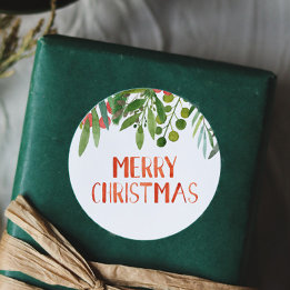 Sticker Rond Joyeux Berry de Noël et Branches Aquarelle