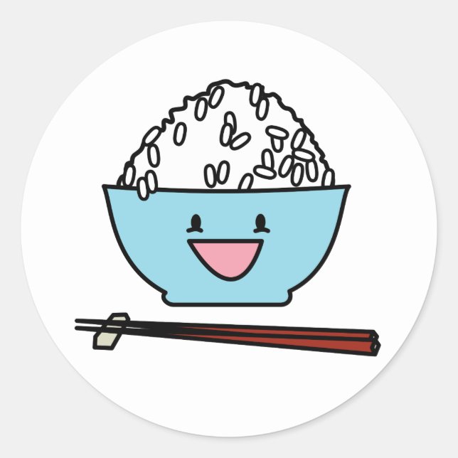 Sticker Rond Joyeux bol de baguettes de riz blanc glucides (Devant)