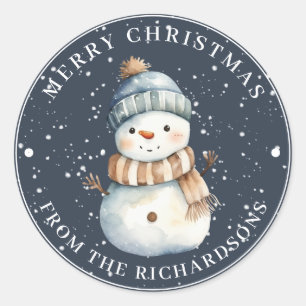 Sticker Rond Joyeux bonhomme de neige de Noël avec Casquette en