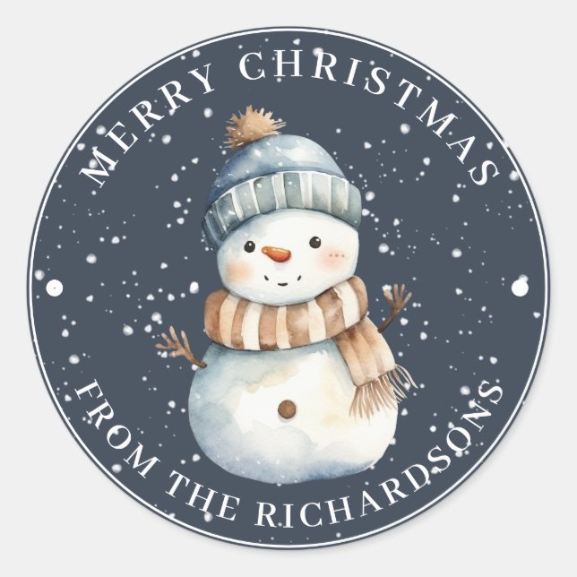 Sticker Rond Joyeux bonhomme de neige de Noël avec Casquette en (Devant)