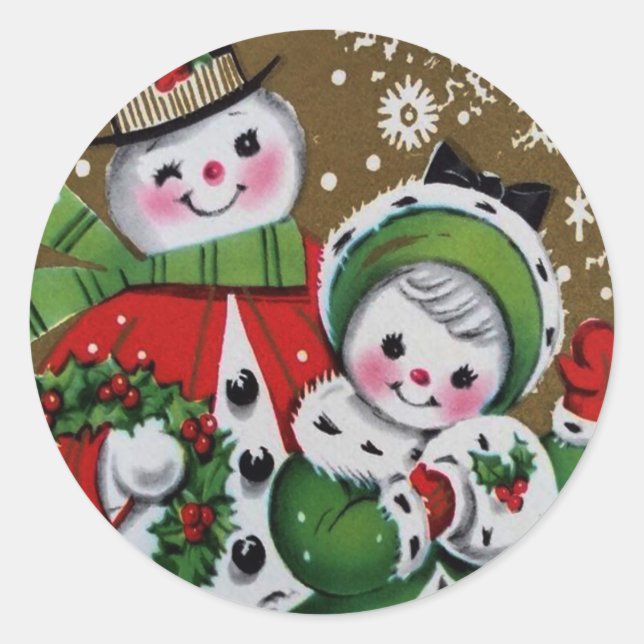 Sticker Rond Joyeux bonhomme de neige de Noël et sa petite amie (Devant)