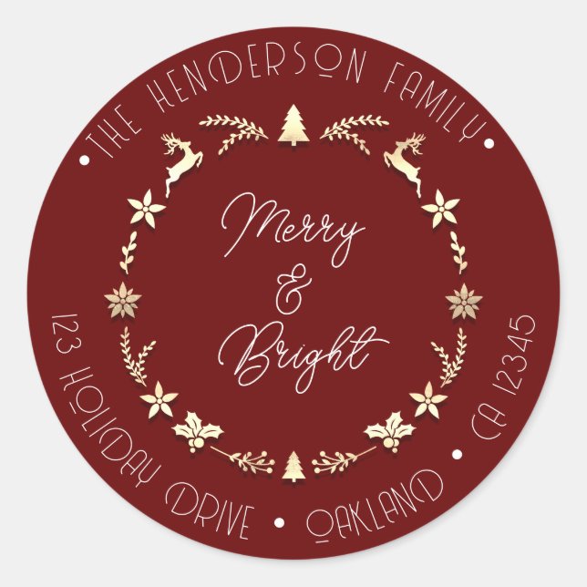 Sticker Rond Joyeux Bright Adresse de la famille Deer Gold Wrea (Devant)