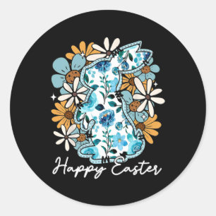 Sticker Rond Joyeux Bunny Bleu Floral Jaune De Pâques Design Po
