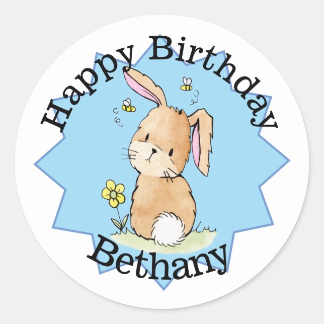 Sticker Rond Joyeux Bunny d'anniversaire personnalisé (Devant)