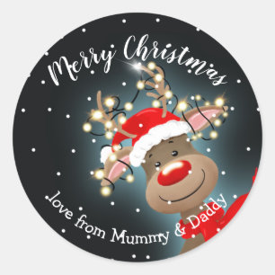 Sticker Rond Joyeux cadeau de Noël aux rennes de Rudolph cadeau