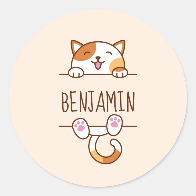 Sticker Rond Joyeux Calico Cat Pékin derrière Nom personnalisé (Devant)