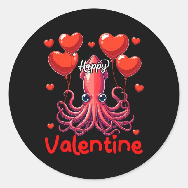 Sticker Rond Joyeux Calmar Saint-Valentin tenant coeur Bylloons (Devant)