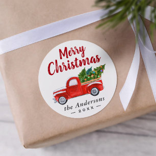 Sticker Rond Joyeux Camion de Noël et Arbres de Noël