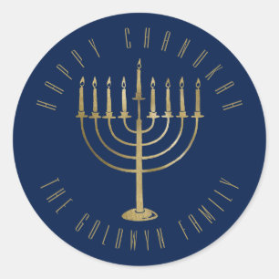 Sticker Rond Joyeux Chanukah Navy Gold Menorah Holiday