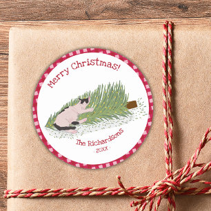 Sticker Rond Joyeux chat de Noël contre En vichy rouge arbre