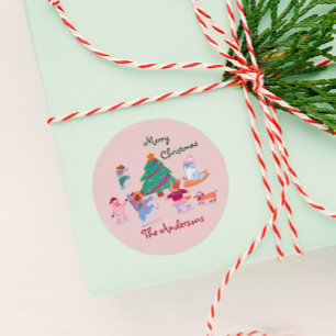 Sticker Rond Joyeux Chien de Noël Ice Patinage Nom rose pâle