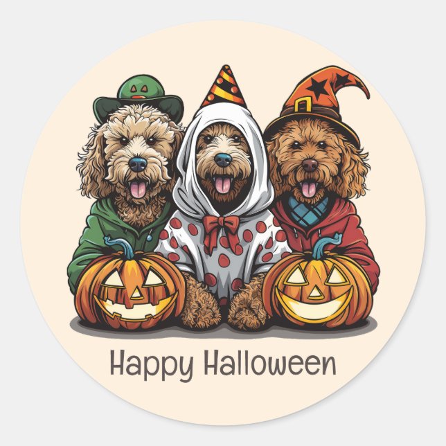Sticker Rond Joyeux chien d'Halloween Goldendoodle (Devant)