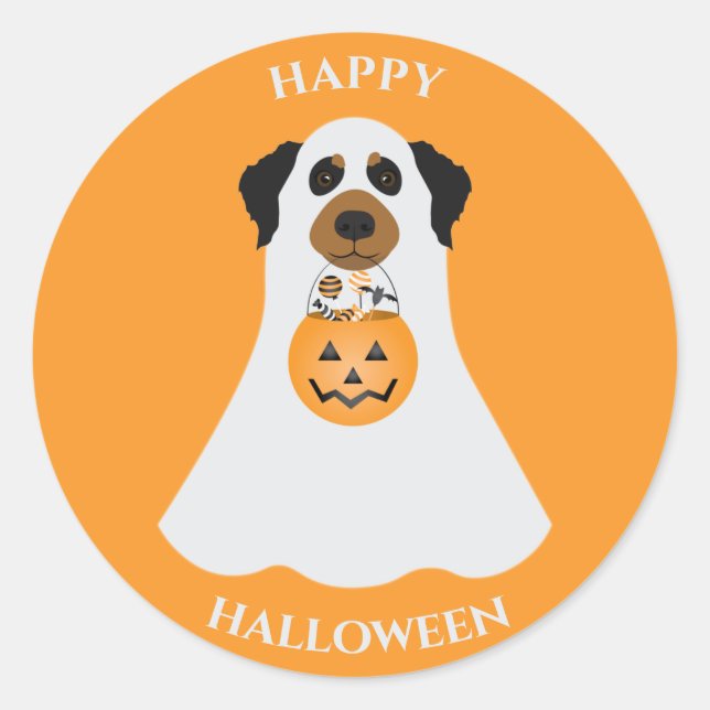 Sticker Rond Joyeux chien fantôme d'Halloween (Devant)