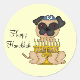 Sticker Rond Joyeux Chien Hanoukka-Carlin avec Menorah